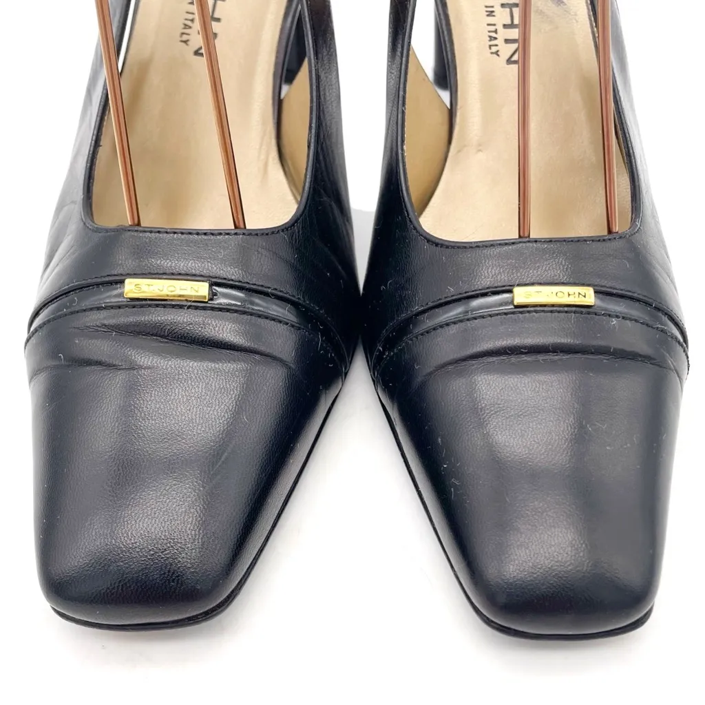 St. John Black Leather Slingback Heels Size 7 Made in Italy Square Toe Pumps VTG - Image 9