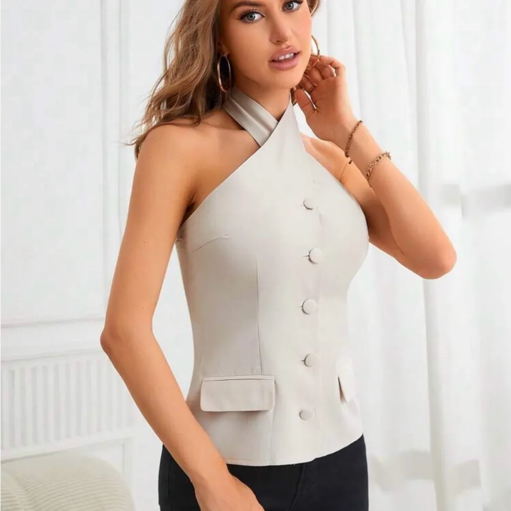 SHEIN Cream One-Shoulder Buttoned Top - Image 5