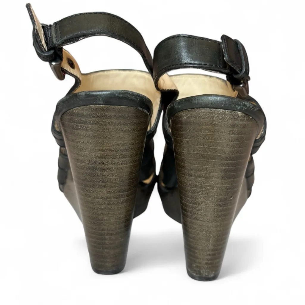 Coach Jazlyn Black Platform Sandals Peep Toe Wedges Stacked Wood Heel Size 9 - Image 6