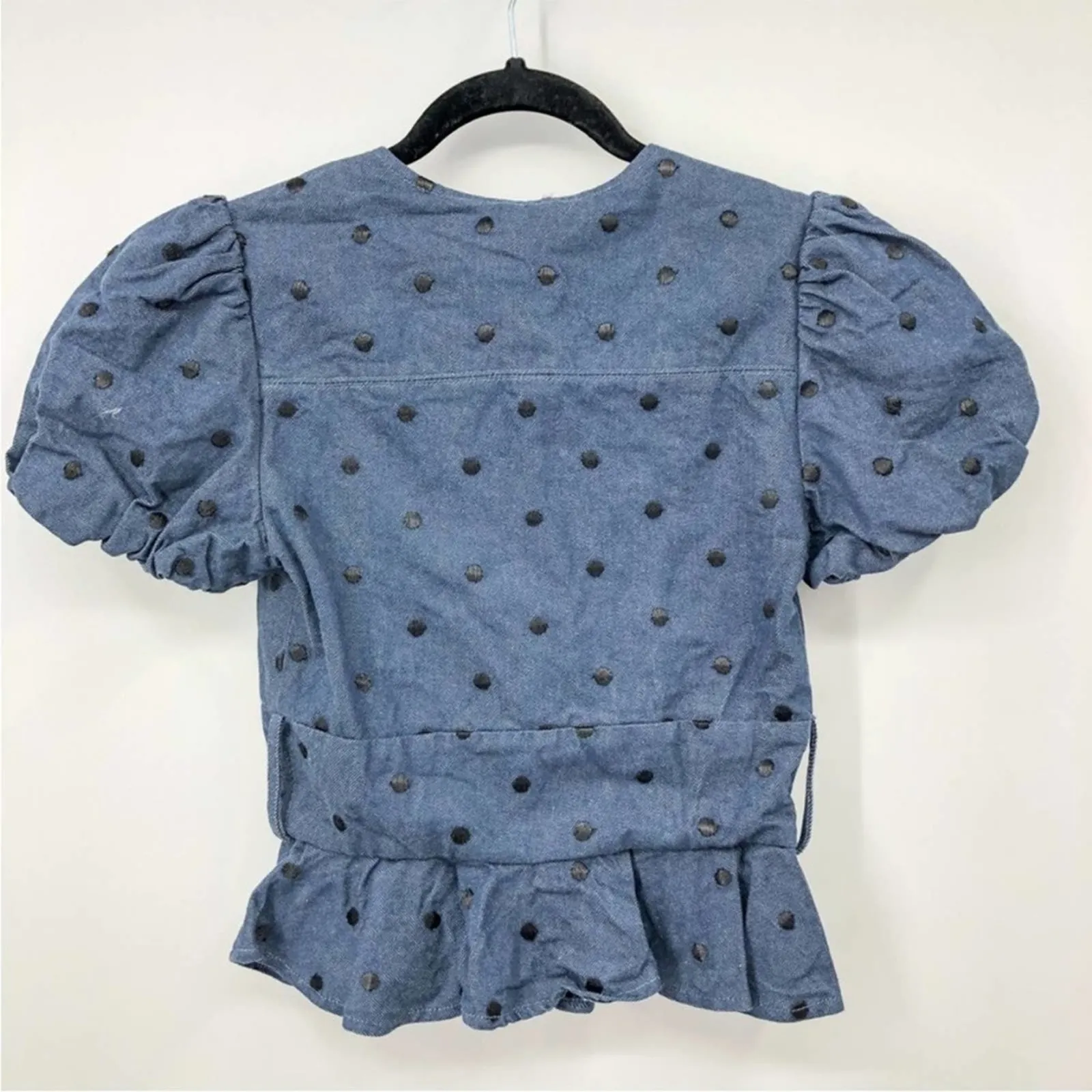 Tularosa Women's Sexy V Neck Puff Sleeve Blouse in Blue Polka Dot Size XXS - Image 4