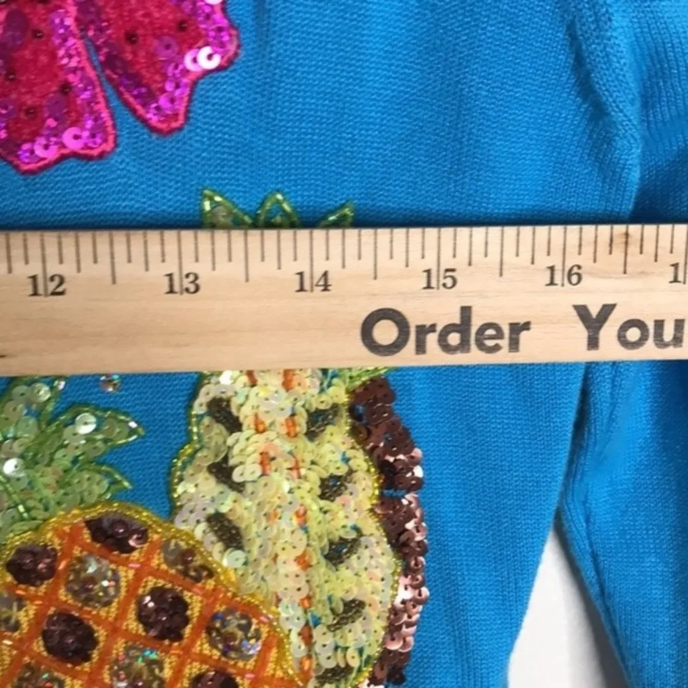 Just Be Just B glitzy sequin pineapple and flower button up cardigan sweater size medium - Image 6