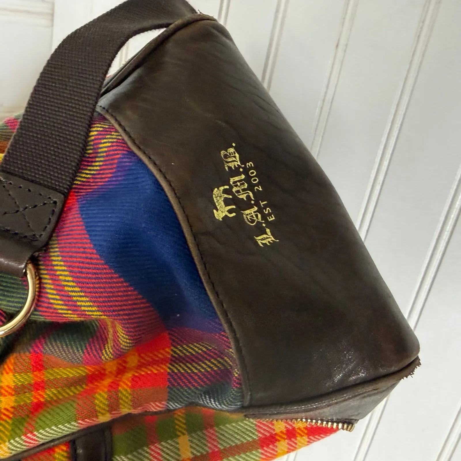 L.A.M.B. Plaid Satchel Doctor Bag Leather Trim Crossbody Strap Gold - Image 4