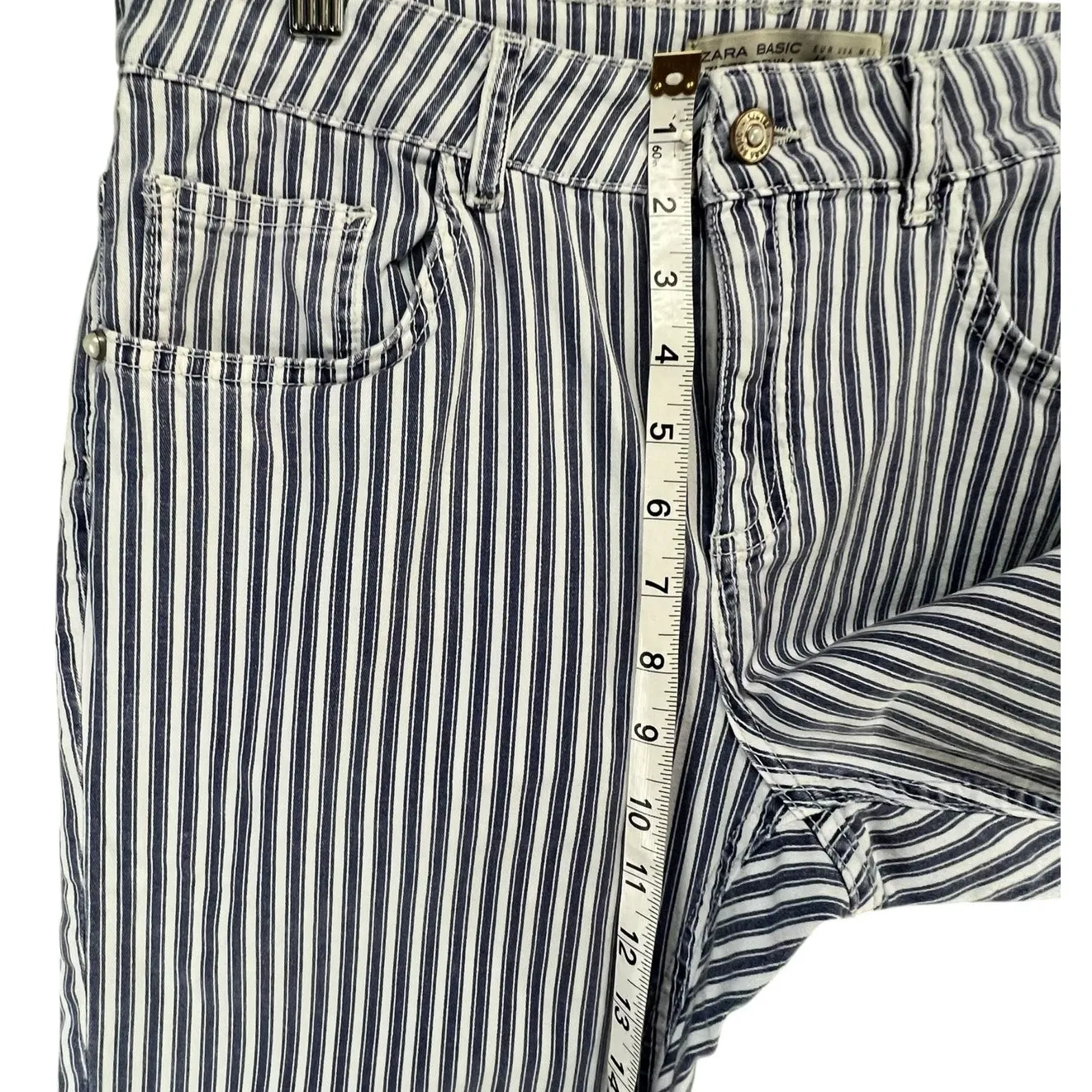 Zara Basic Z1975 Denim Jeans Women 12 Blue White Railroad Stripe Raw Hem Stretch - Image 7