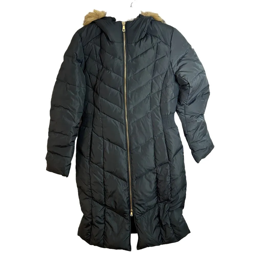 Cole Haan Signature Down Quilted Parka Puffer Jacket Coat Faux Fur Gray Brown - Image 2