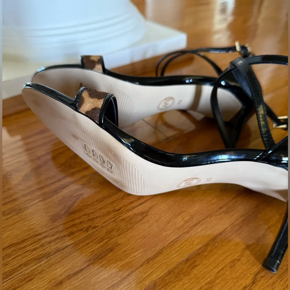 MICHAEL Michael Kors Eva Black Cross Strap and Leopard Leather Heeled Sandals - Image 7