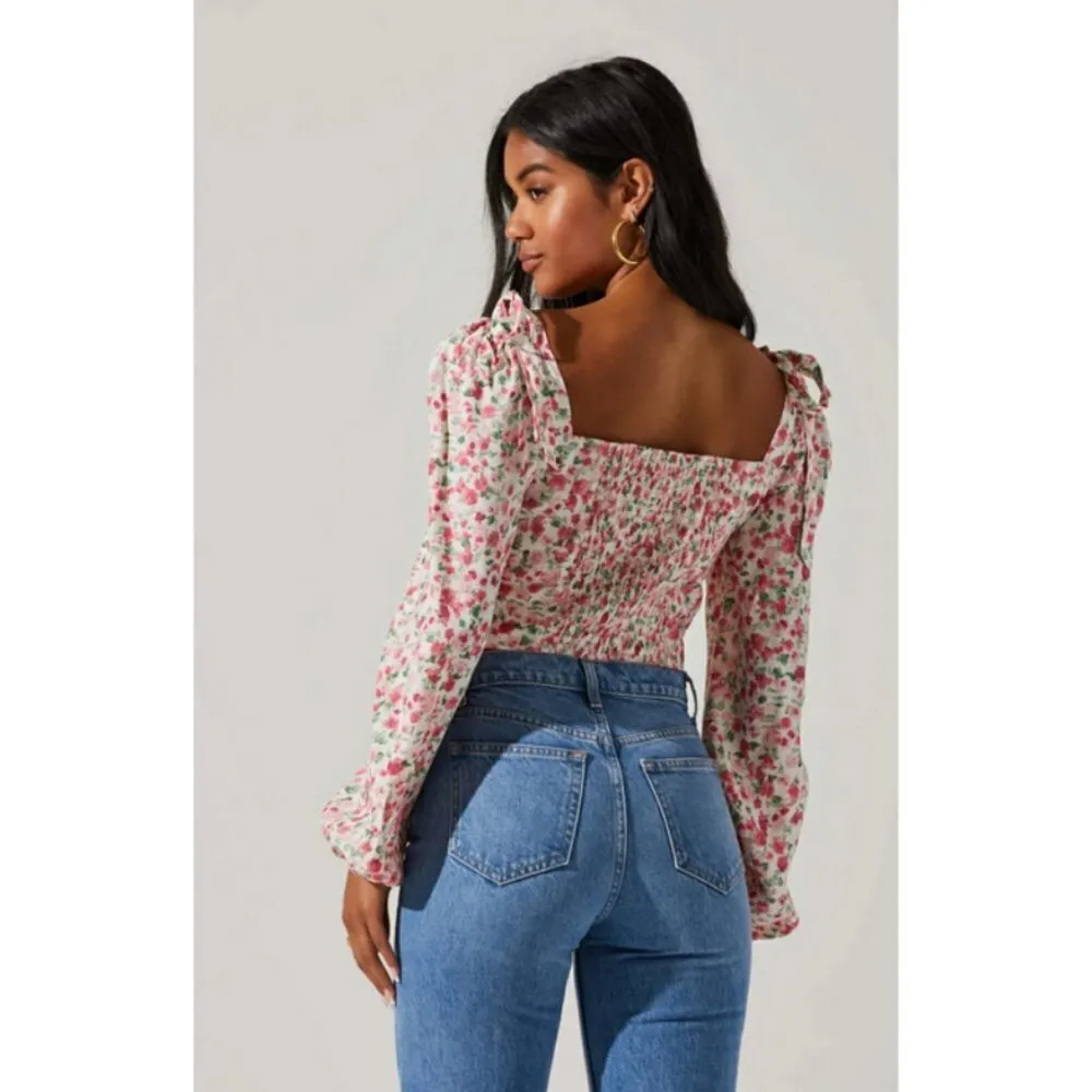 💕ASTR THE LABEL💕 Floral Tie Shoulder Long Sleeve Top ~ Pink Floral Print L NWT - Image 7