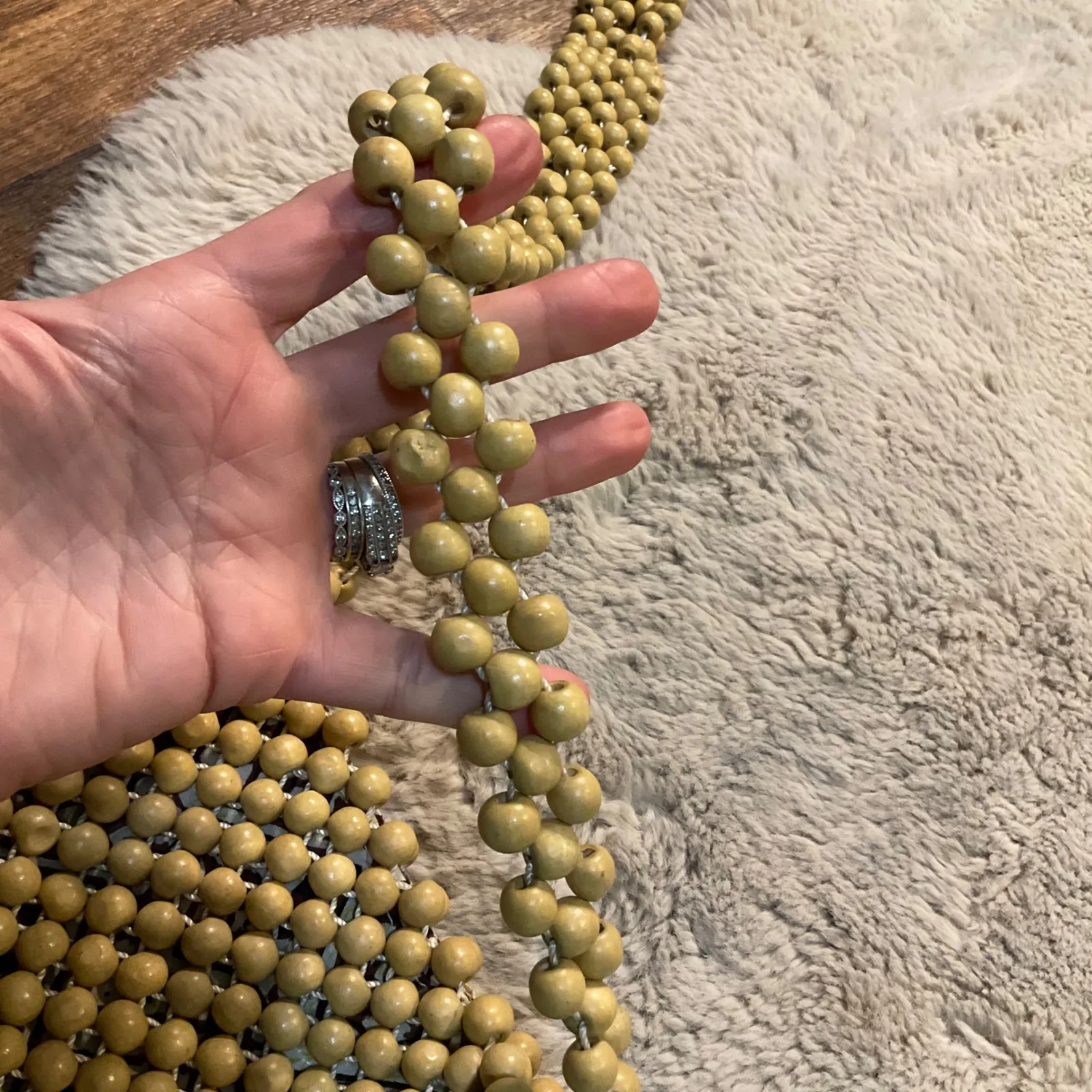 Wood Beaded Bag Handmade In Indonesia Boho‎ 8"x8" Purse Crossbody Shoulder Tan - Image 6