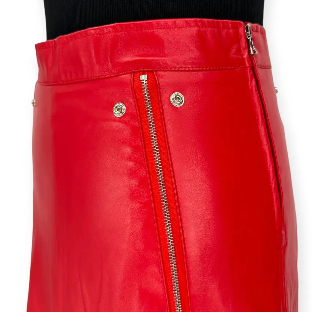 Beulah | NWT | L | Faux Red Leather Zipper Pleats High Waist A-Line Midi Skirt - Image 4