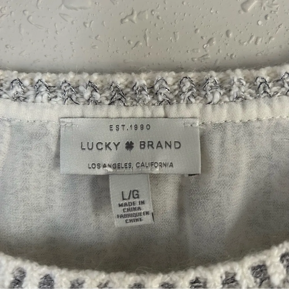 Lucky Brand White Silver Striped Metallic Winter Crew Neck Holiday Sweater Large - Image 3