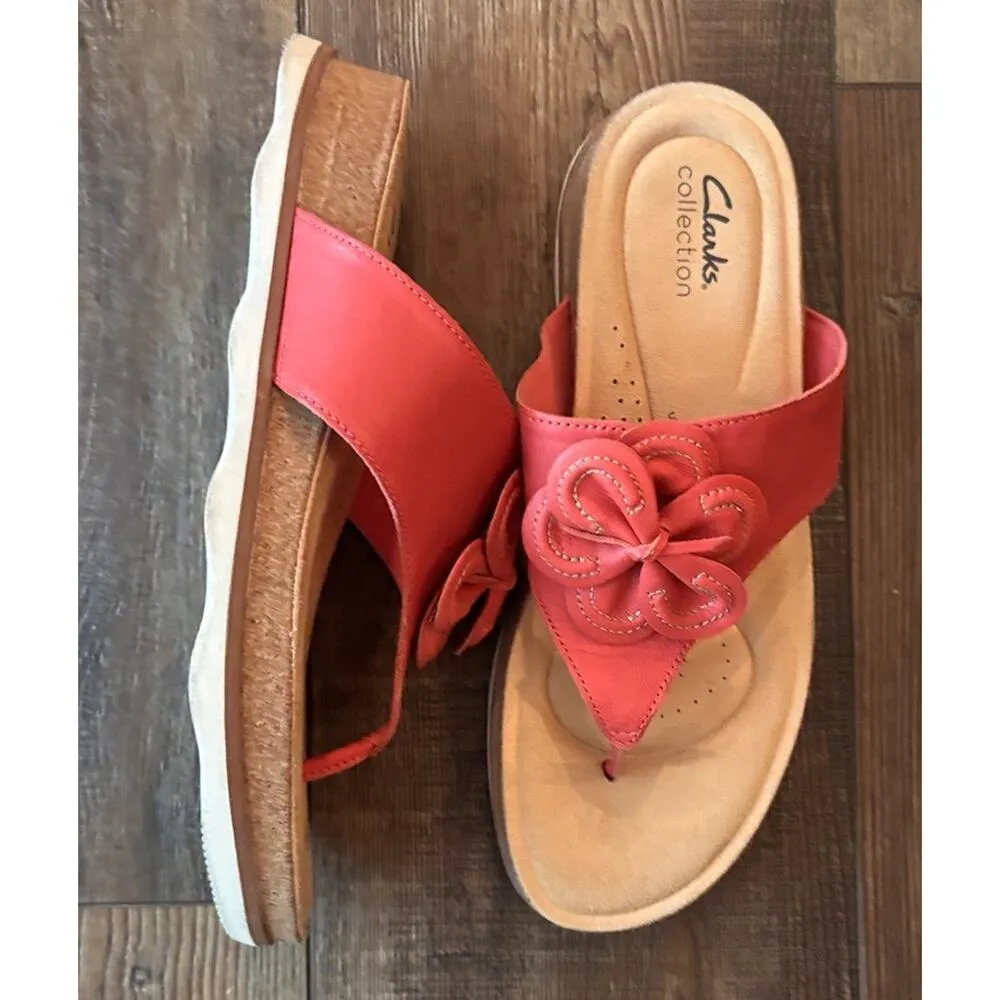Clarks BRYNN Women's Bright Coral Leather Thong Sandals Sz 9 Slip On - Image 2