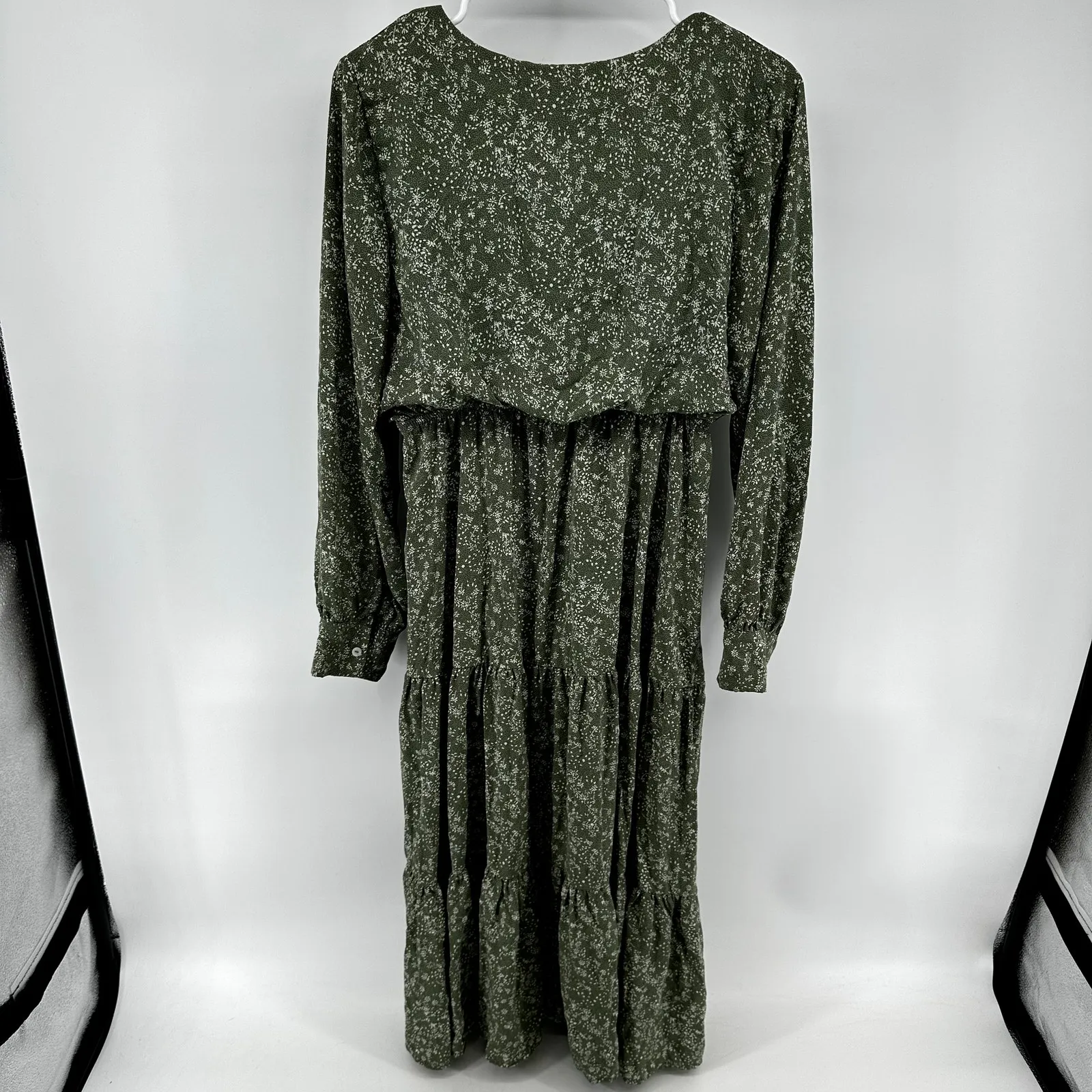 Three Bird Nest Midi Dress Long Sleeve Tiered Floral V Neck Cottagecore Green S - Image 5