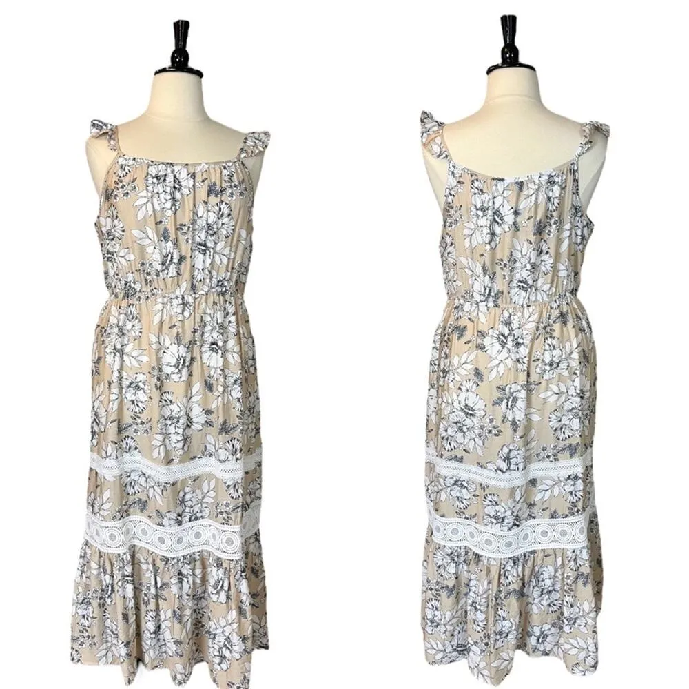 Ava Rose Maxi Dress Tan White Floral Ruffle Shoulders Women’s Size 2X Plus - Image 10