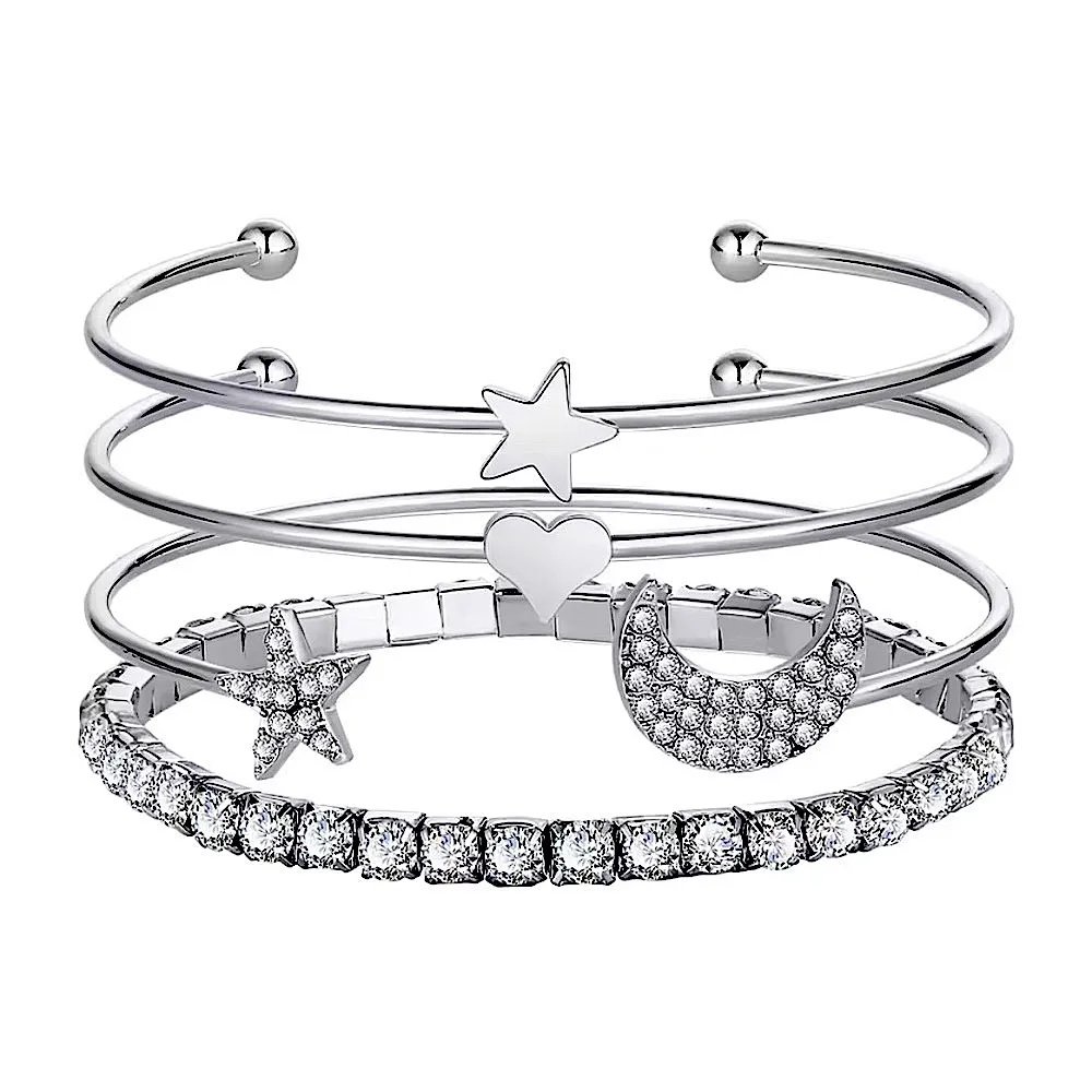 Silver Bangle Bracelet‎ Set Crystal Star Moon Heart Charm Stackable Jewelry - Image 11