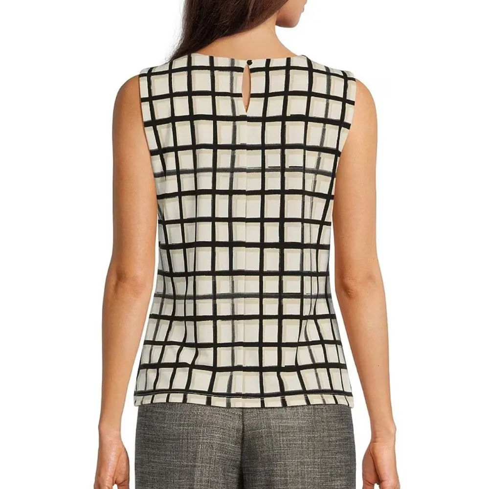 CalvinKlein Knit Checkered Pleated Crew Neck Sleeveless Top，Sz M - Image 3