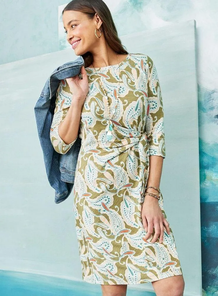 Chico's Green Paisley Printed Side-Tie Cotton Modal Slub Dress Size 8 - Image 12