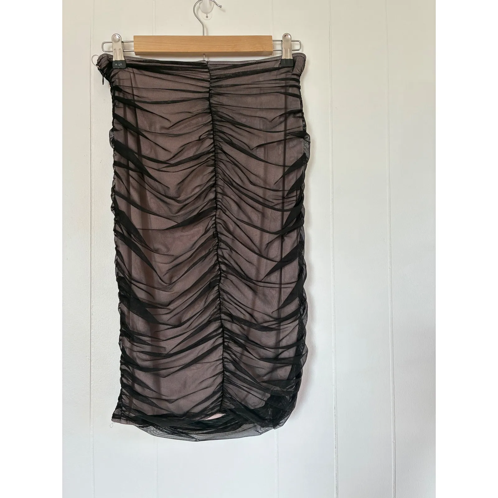 House of CB Tiana Black Ruched Mesh Midi Skirt Size M Power Mesh Lining - Image 3