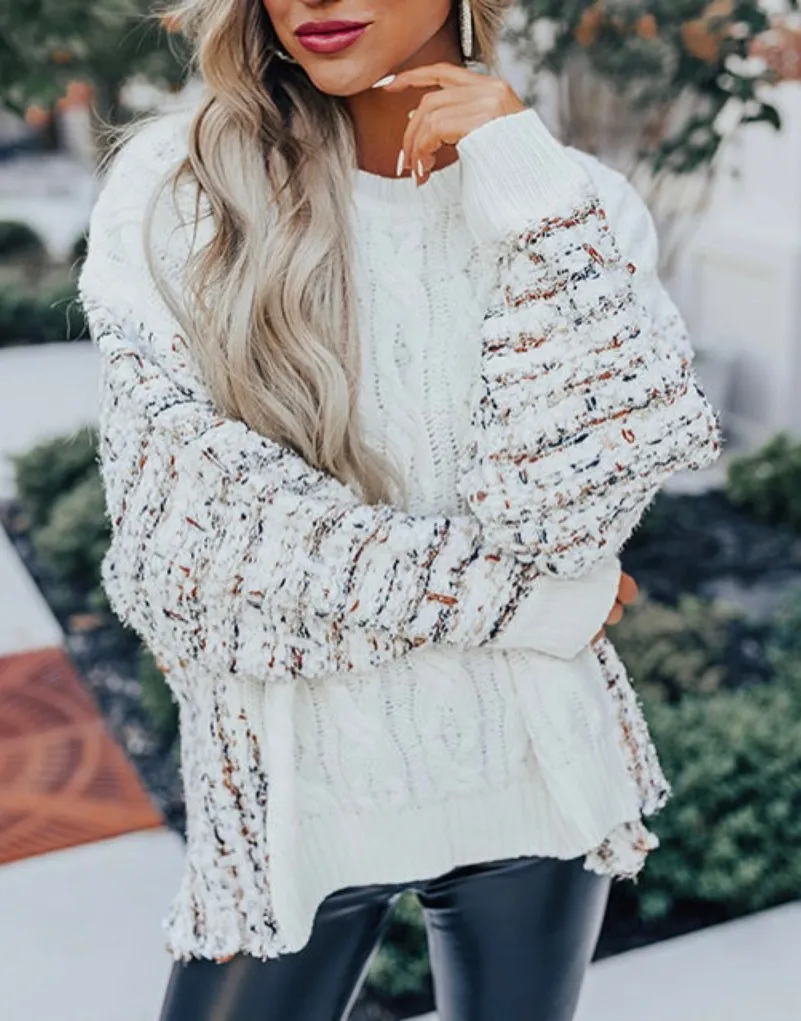 andthewhy Cable Knit Plaid Tweed Knit Back Crew Neck Slouchy Sweater White - Image 1