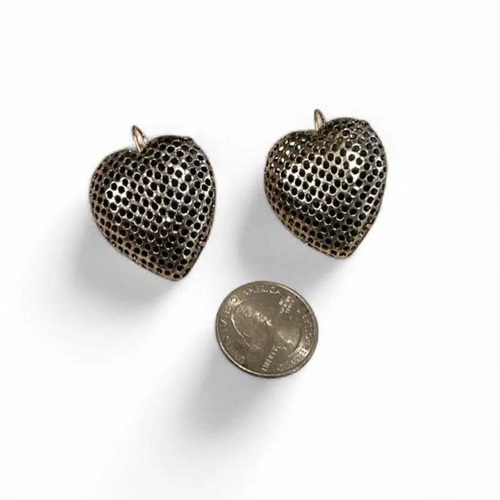 Textured silver tone heart dangle bubble pierced earrings perforated chunky - Image 2