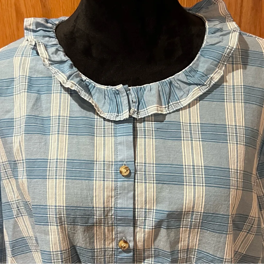 Madewell Ruffle-Neck Colwell Plaid Cotton Top in Ashby Plaid Ocean Wave Size XXL - Image 8