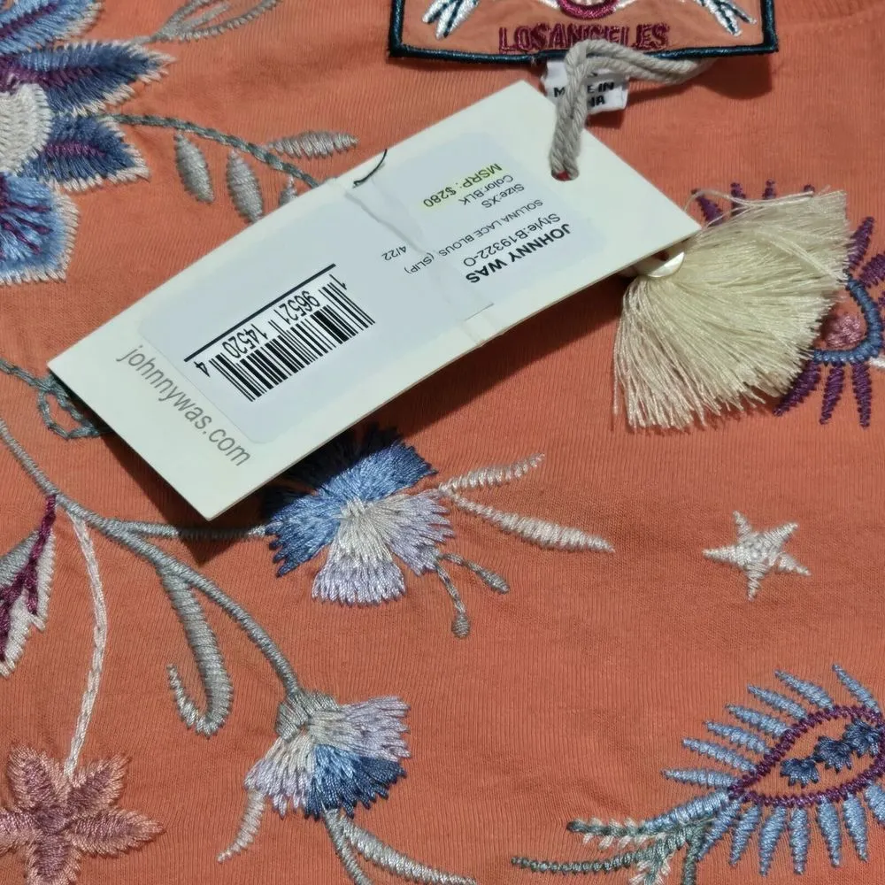 Johnny Was Phoebe Seamed Relaxed Tee T-Shirt XS Coral Embroidered Cotton Top - Image 5