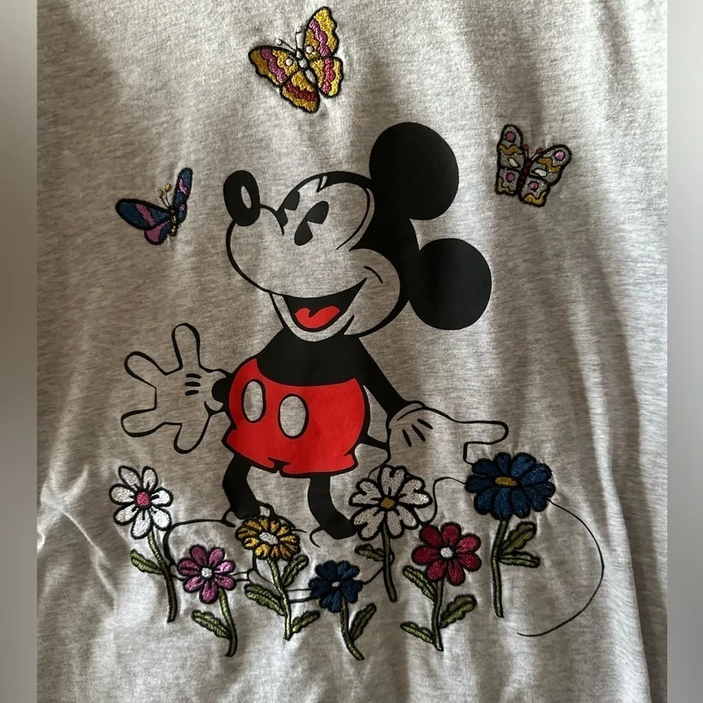 Disney Large Gray Mickey Mouse Embroidered Flowers and Butterflies T-Shirt - Image 3