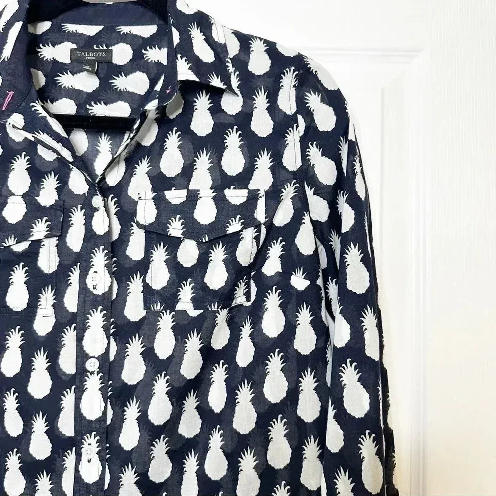 TALBOTS Cotton Pineapple Print Black‎ White Button Down Top Size Petite - Image 3