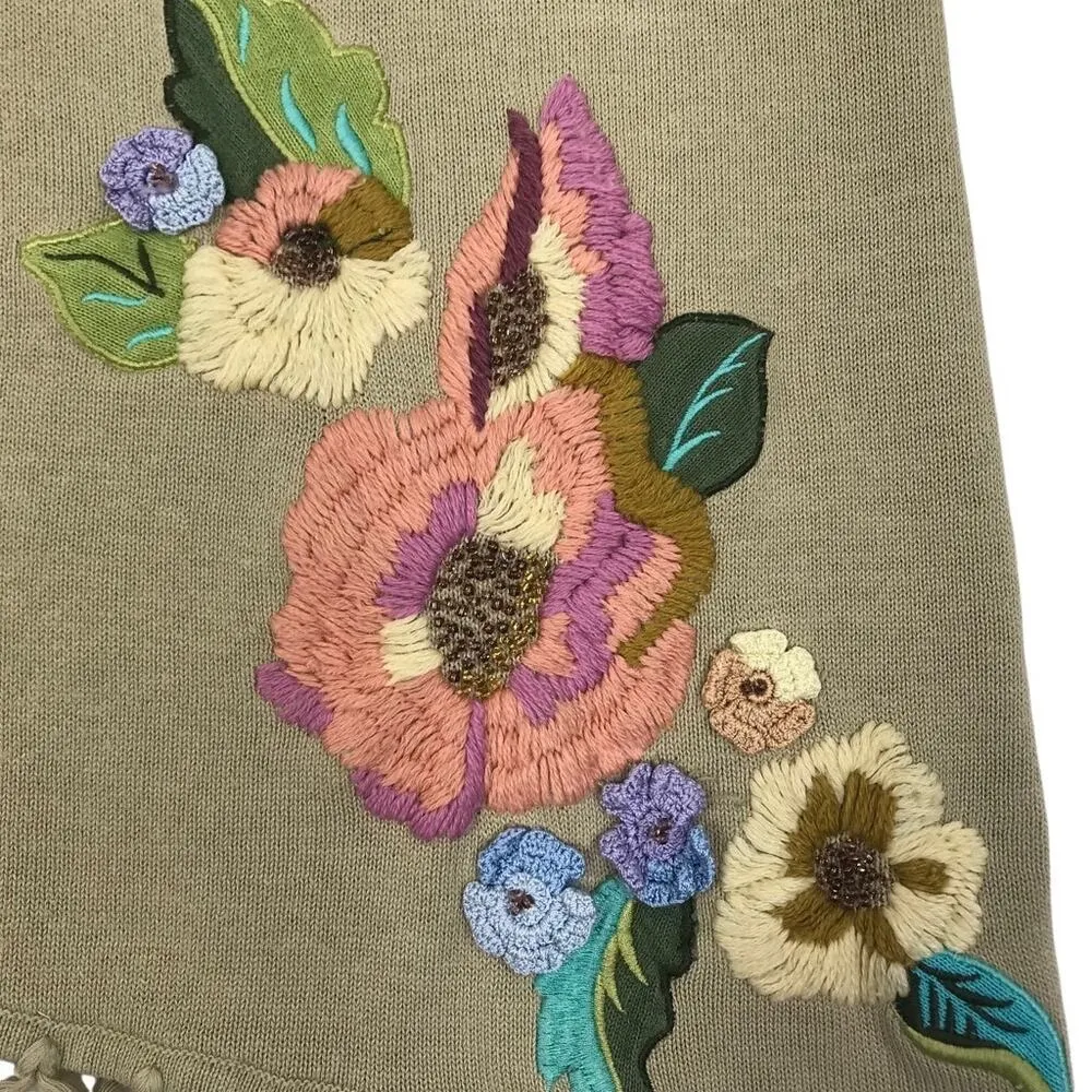 STORYBOOK KNITS Patchwork Sweater Women S Asym Fringe Linen Cottage Boho Y2K Green - Image 7