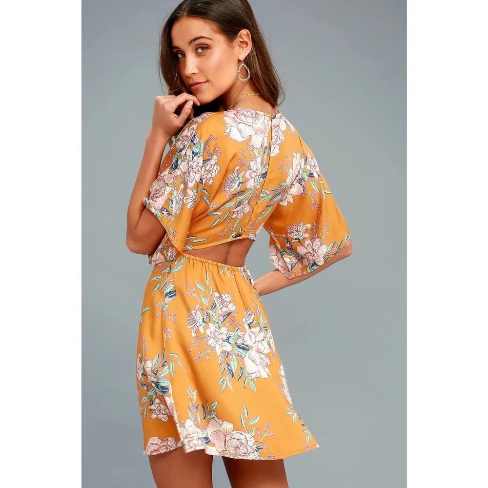 Billabong Light Golden Yellow Floral Print Cut Out Short Sleeve Mini Dress S - Image 2