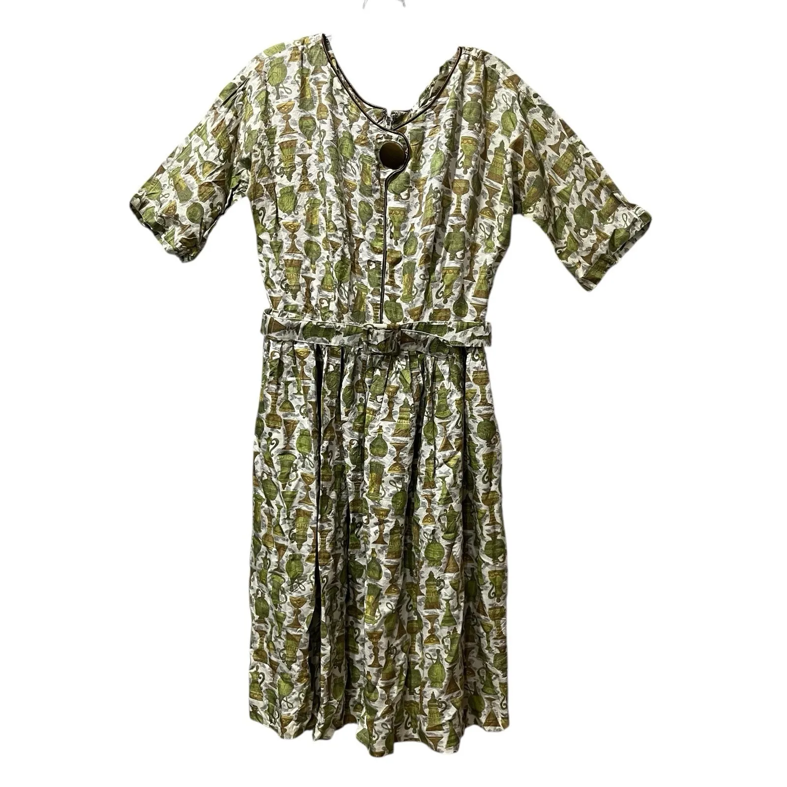 Vintage Handmade 60s Midi Dress with Belt Sz 8 Vase Pattern Short Sleeve Zipper Green - Image 2