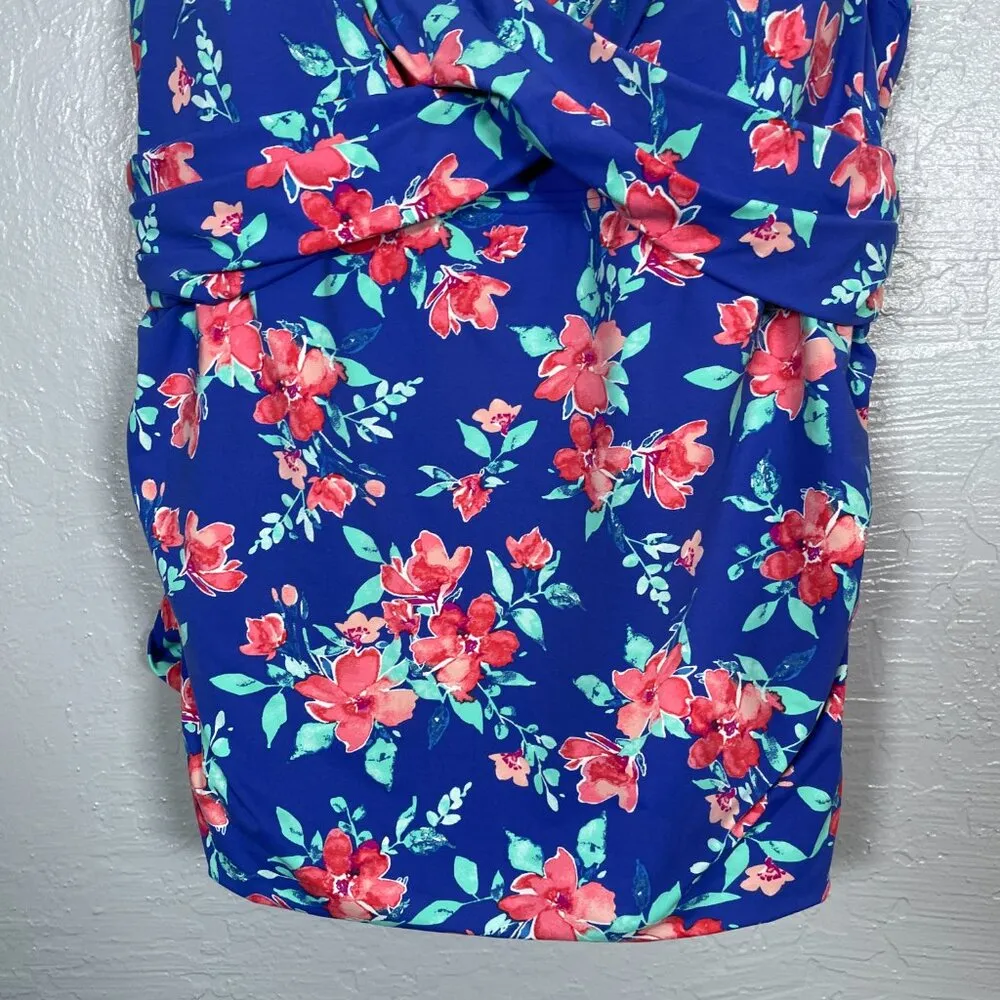Lands End Women Plus Size 18W Blue Pink Floral Tankini Swim Top Ruched Sides - Image 2