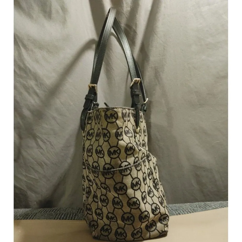 Michael Kors Jet Set Tote Leather and Canvas Black and Tan Logo - Image 5