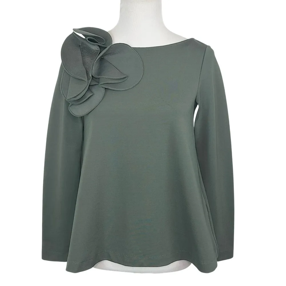 COS Green Floral Appliqué Long Sleeve Boat Neck Top Women's Size XS Oversized - Image 2