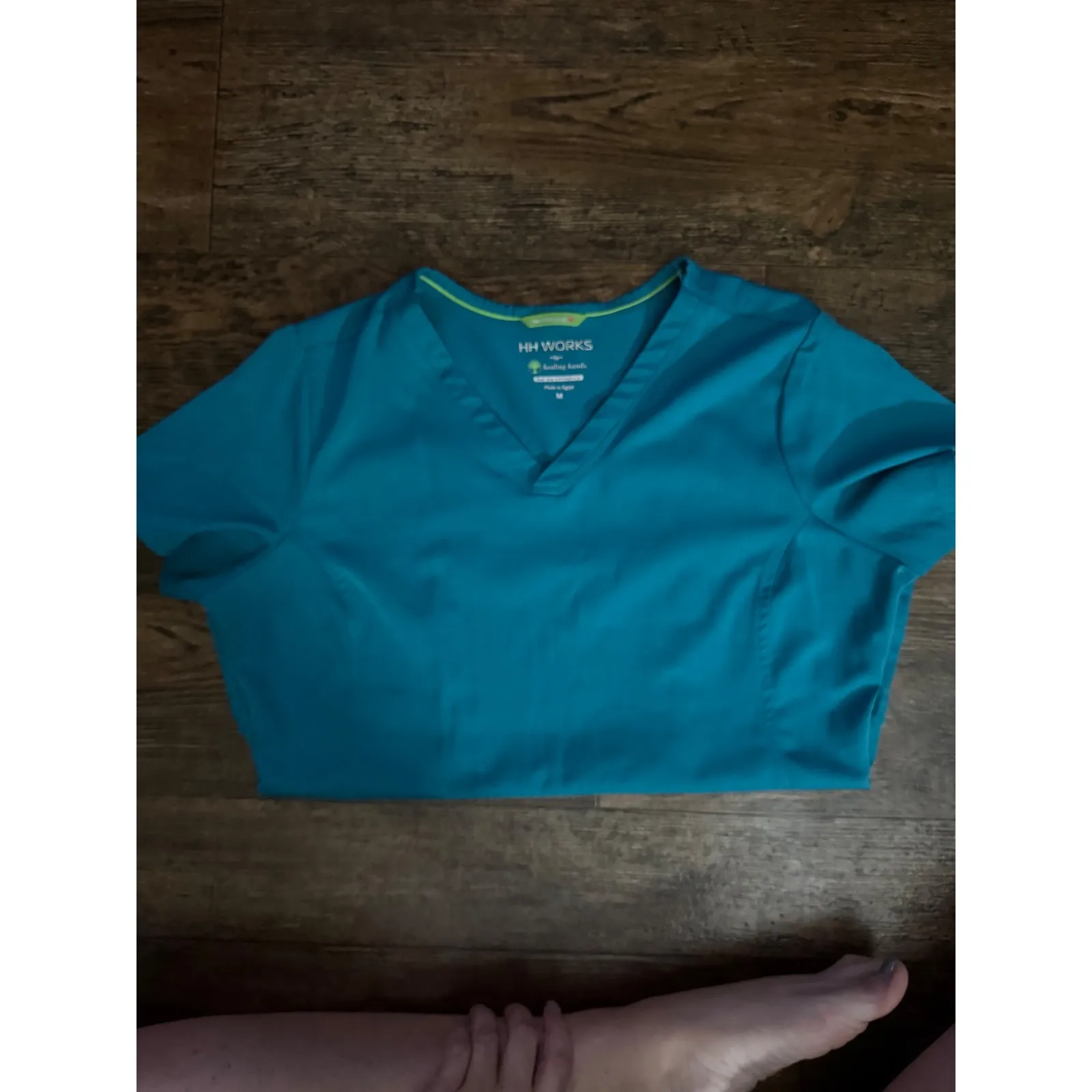 HH WORKS by Healing Hands Teal Scrub Top Short Sleeve Med "Cheers Healing Angel" Blue - Image 13
