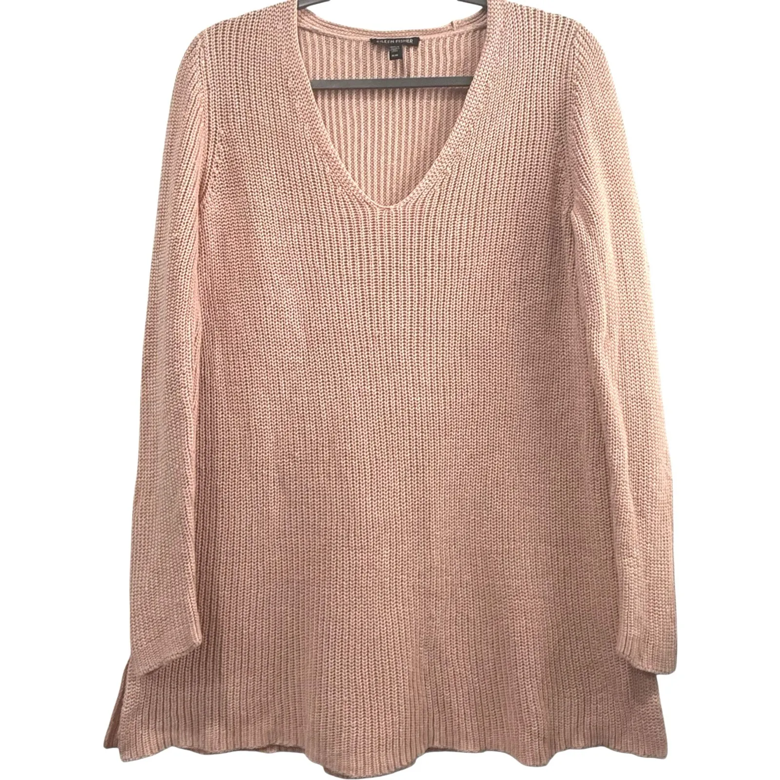 Eileen Fisher Organic‎ Linen Cotton V-Neck Long Sleeve Pink Tunic Sweater MED - Image 4