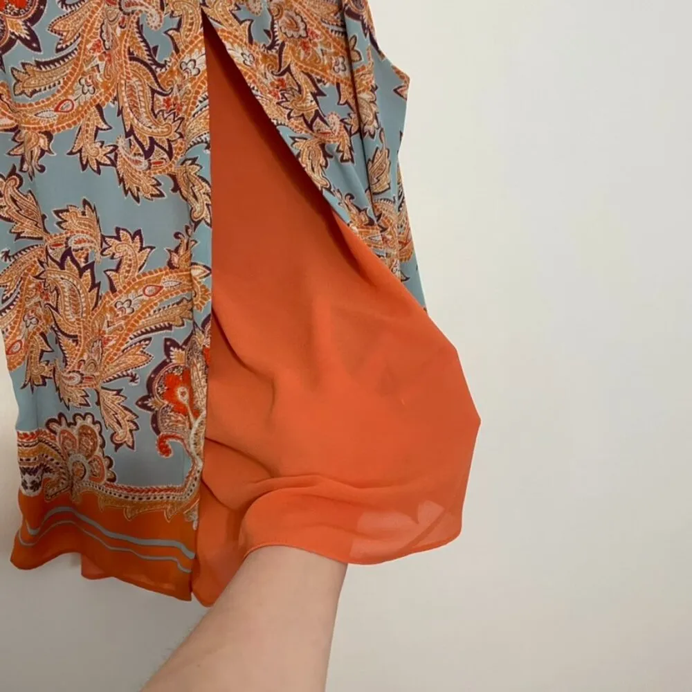 ROSE + OLIVE Orange Blue Paisley Geo Split Back Sleeveless Boho Tank Top Blouse - Image 12