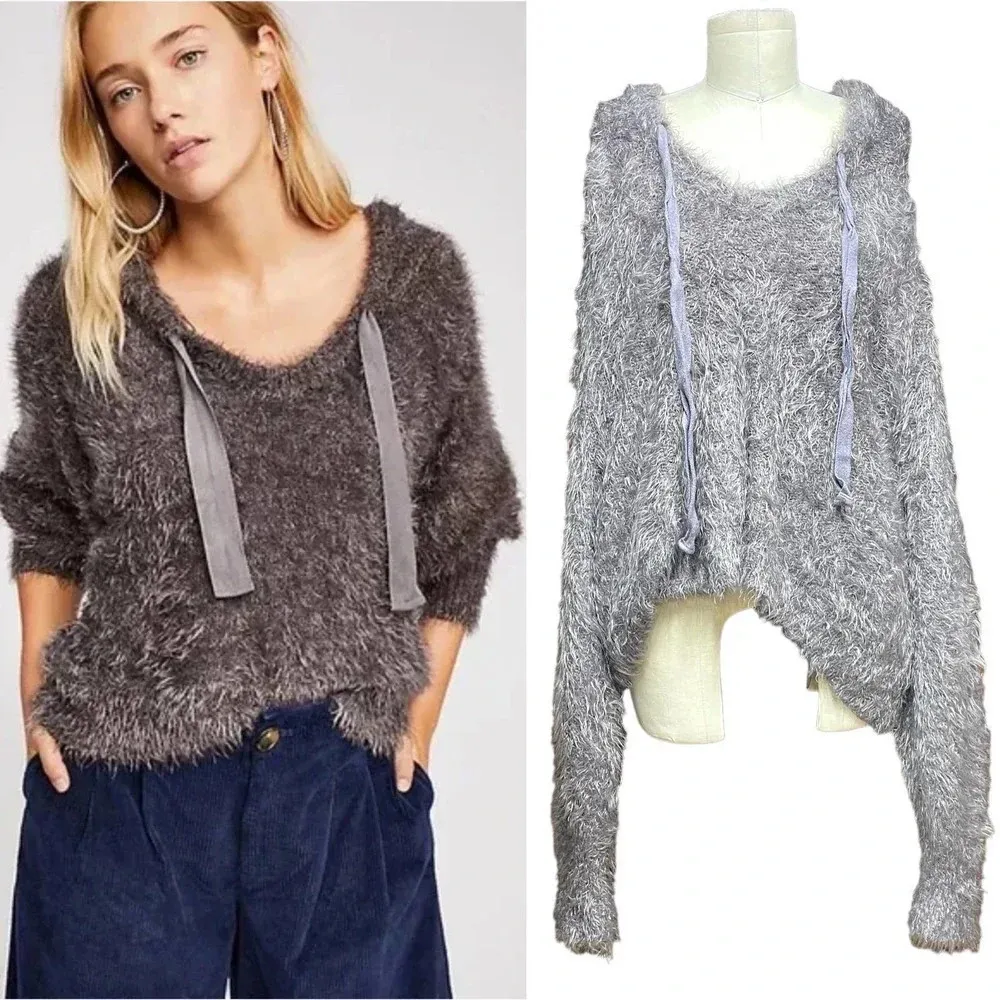 Free People Light As A Feather Hoodie Gray Eyelash‎ Hoodie Sweater Size XS - Image 2
