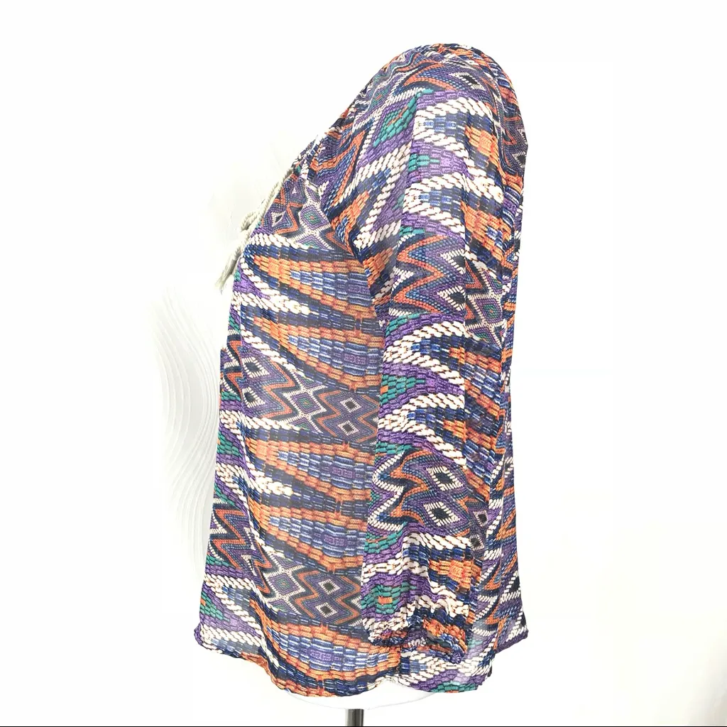 Veronica M Zig Zag Pattern Blouse Tassel Colorful Sheer Top Women's Size S - Image 3