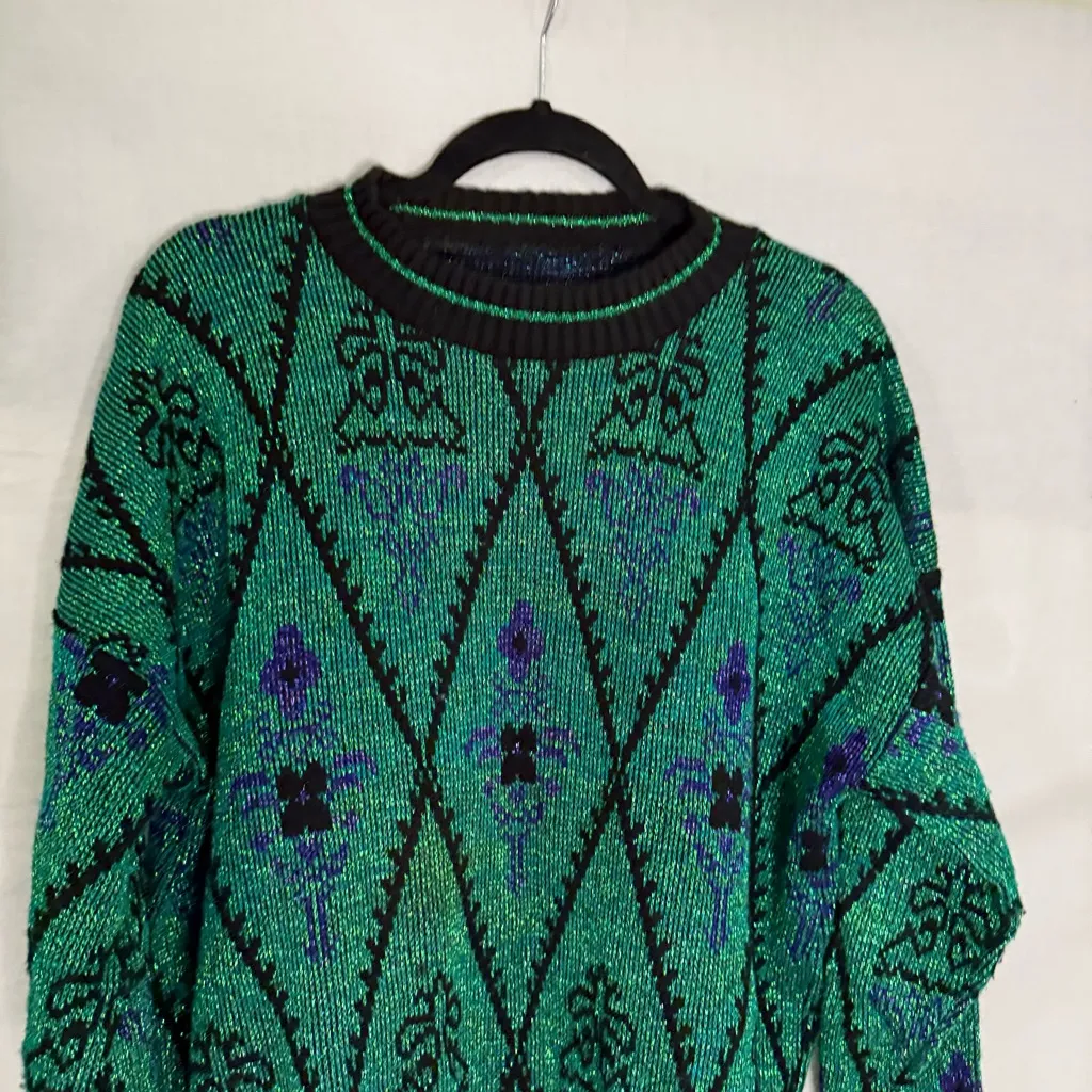 Vintage Geometric Flower Patterned‎ Metallic Sweater Women's 2XL Holiday Festive Green Size 2X - Image 3