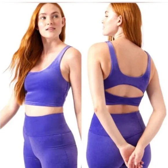 Athleta Velvet Cut Out Crop Top Sports Bra Velour Purple XS - Image 2