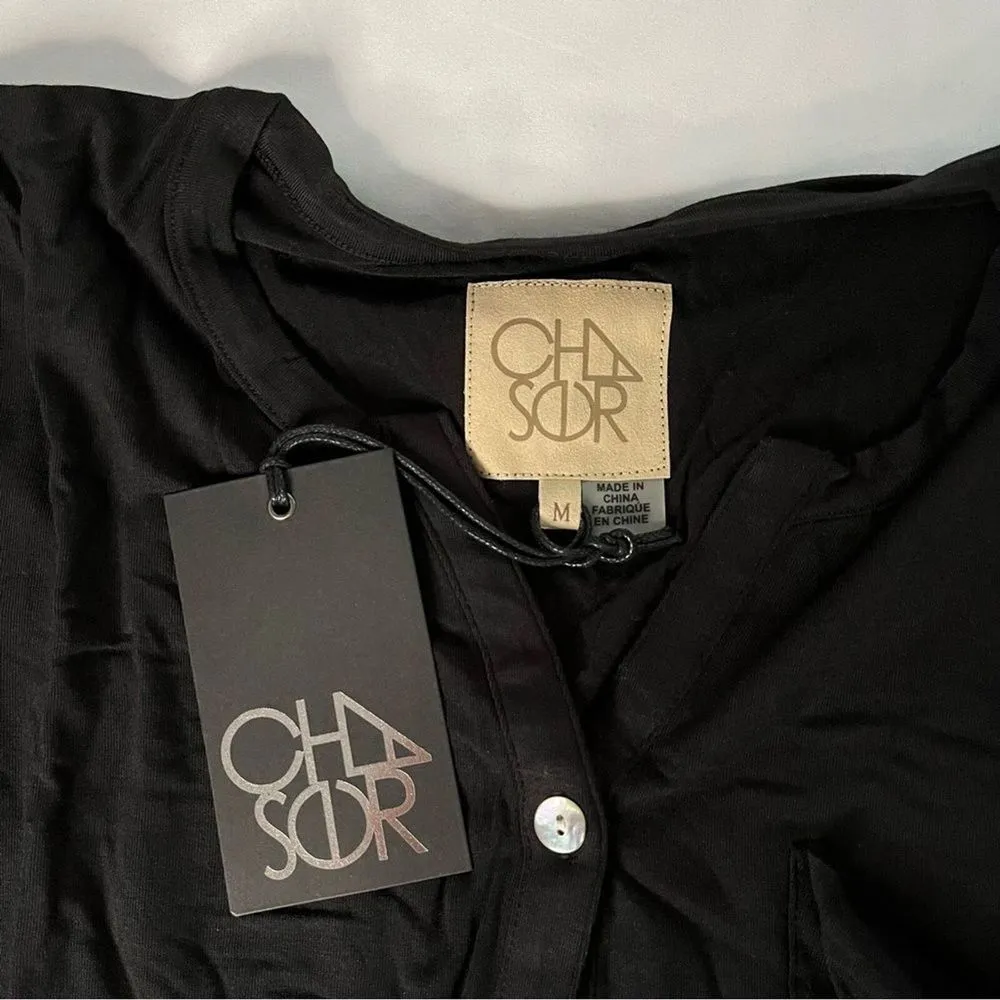 NWT Chaser Black Sz M Jersey Rolled Cuff Shirttail Henley Dress Tie Waist Casual - Image 6