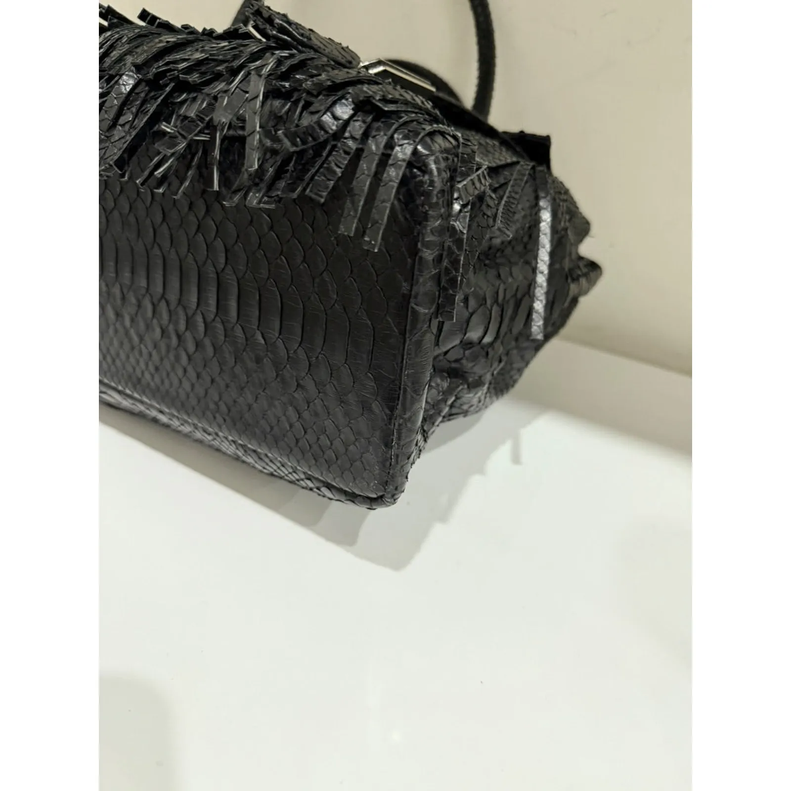 Studio LX Fringe Birkin Snake Black Leather Textured Satchel Handbag - Image 6