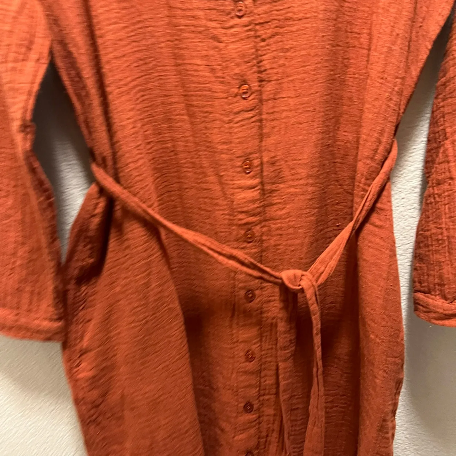 Coldwater Creek rust Orange Button Front Tie Waist Midi Dress Size Medium Fall - Image 3