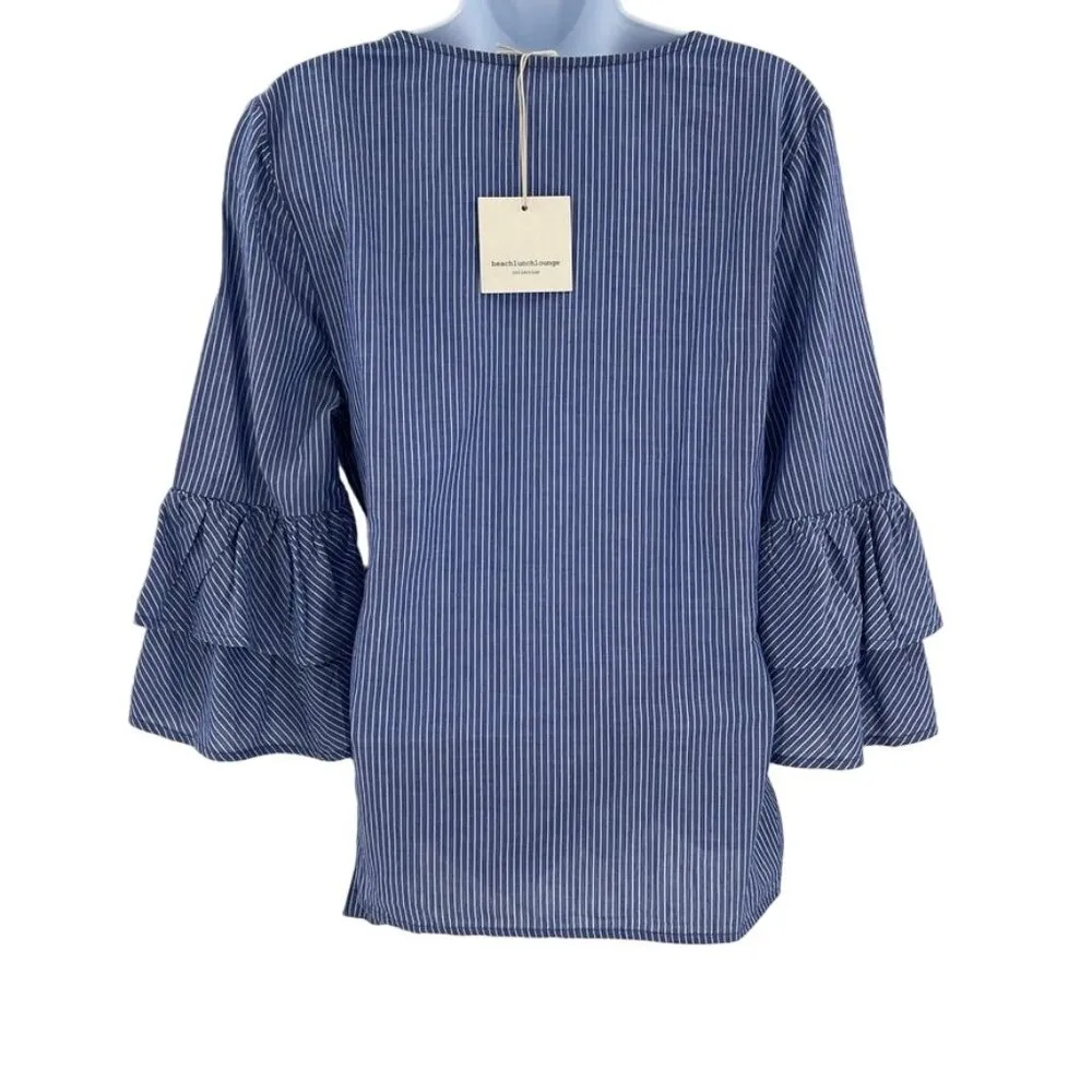 BeachLunchLounge Striped Tiered Ruffle Sleeve Wrap Bow Blouse Top Shirt - Image 5