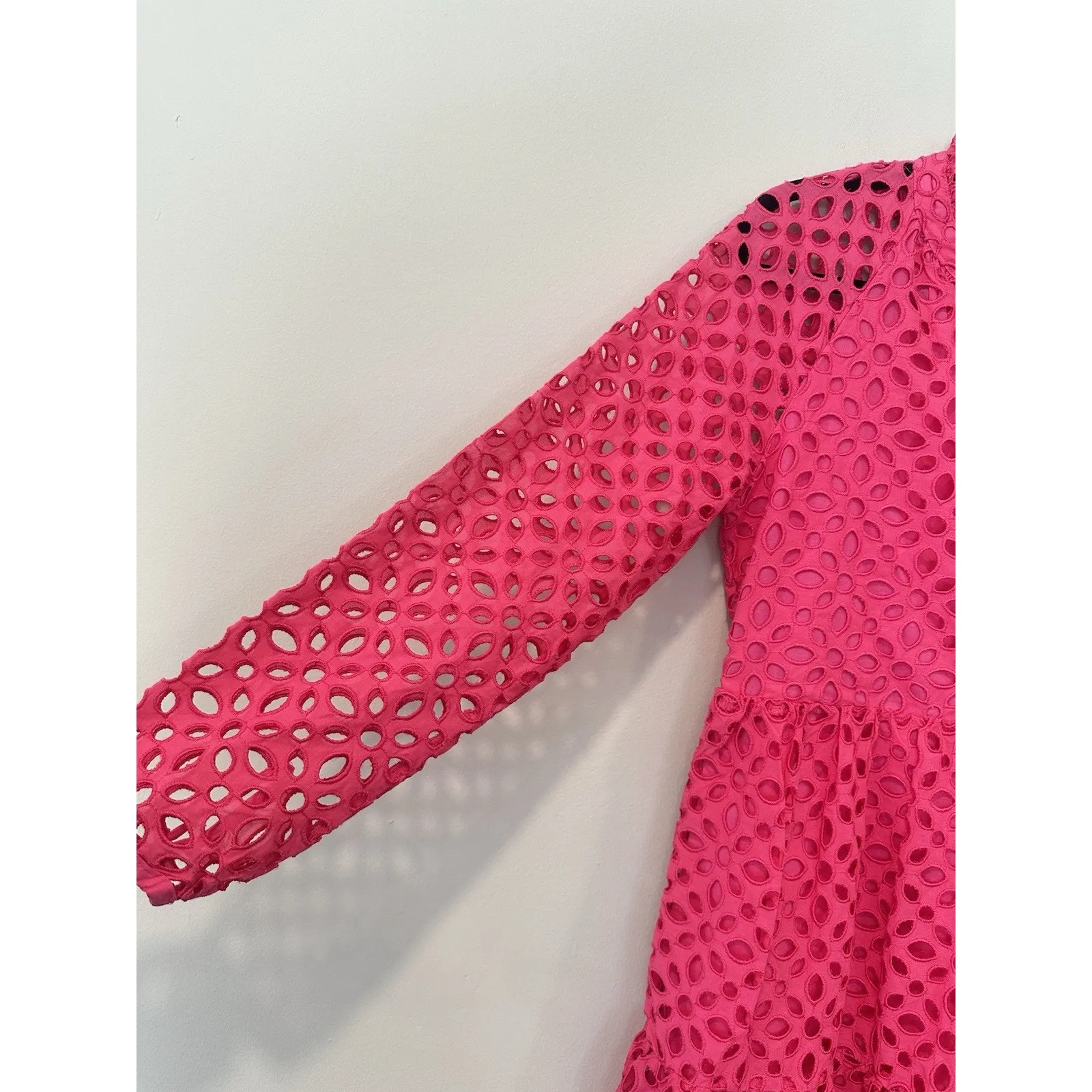 J. Crew Hot Pink Embroidered Eyelet Tiered Popover Dress Size XXS - Image 7