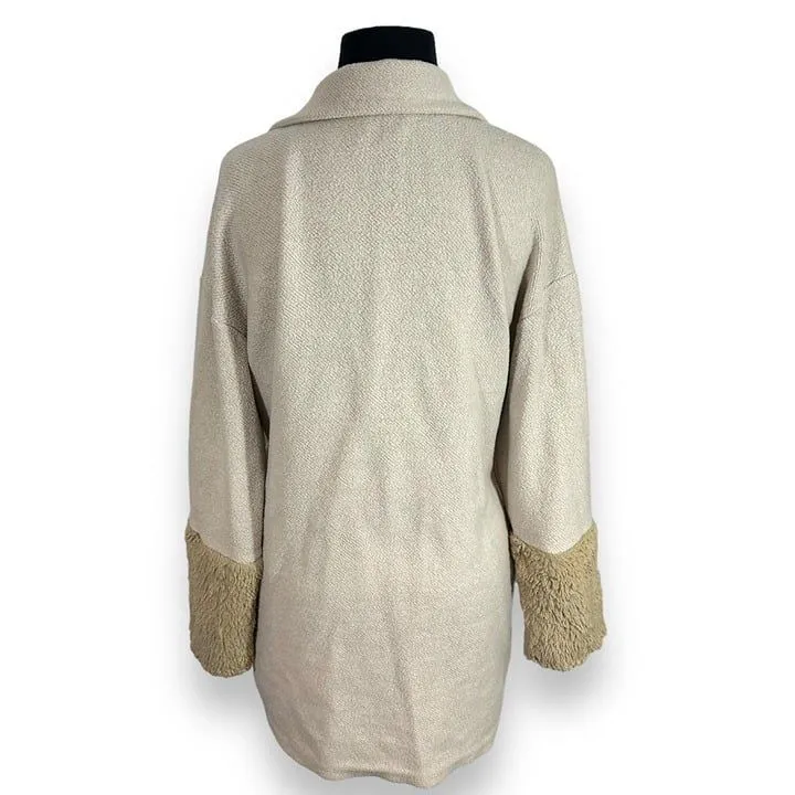 Zara Open‎ Front Fleece Over Coat Faux Fur Cuffs Women's Small Beige - Image 2