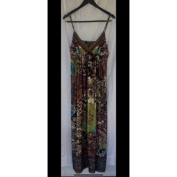 ICE Boho Patchwork Print Maxi Dress Size 14 Spaghetti Strap Empire Waist - Image 2
