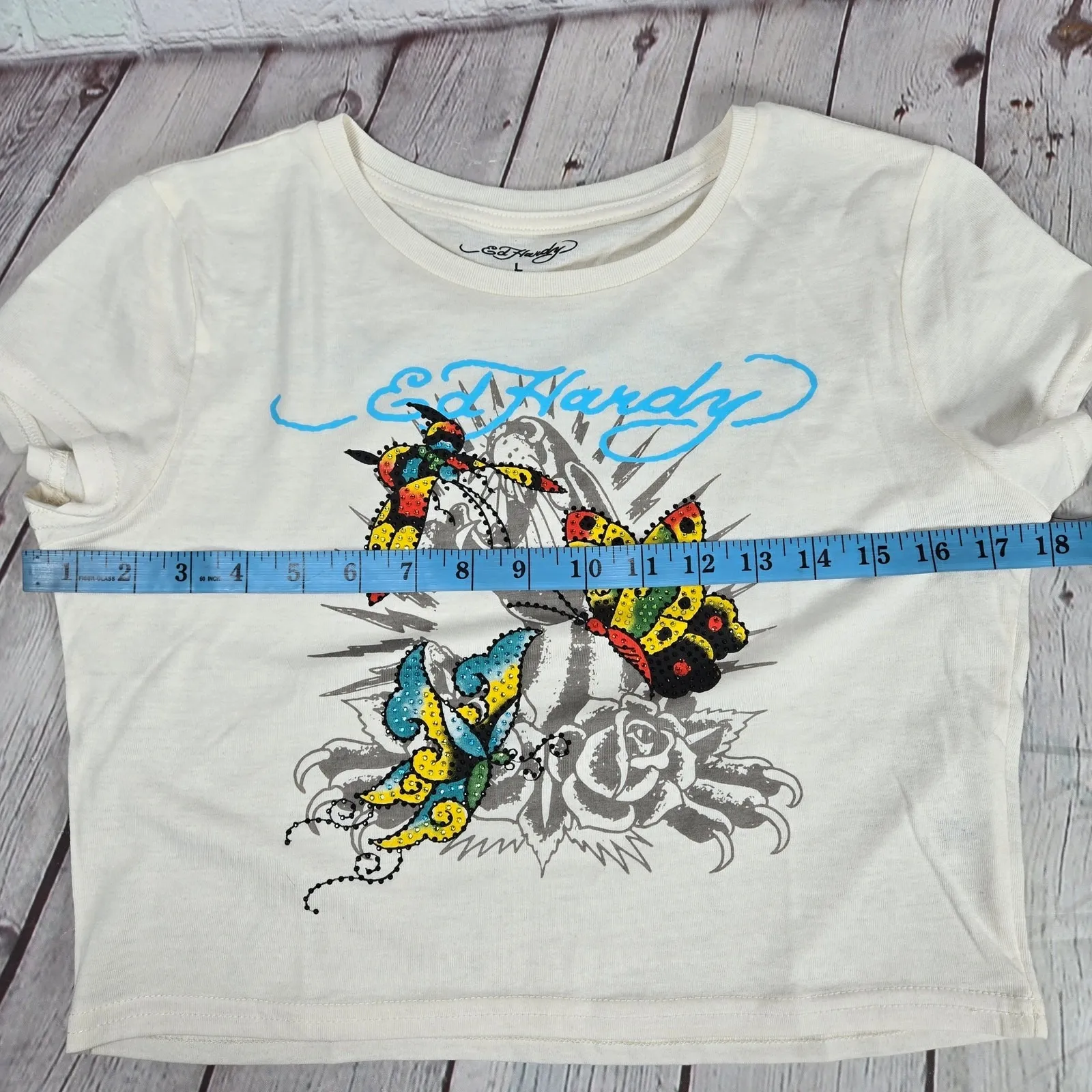 Ed Hardy Rhinestone Butterflies‎ Cropped Baby T-Shirt L NWT - Image 11