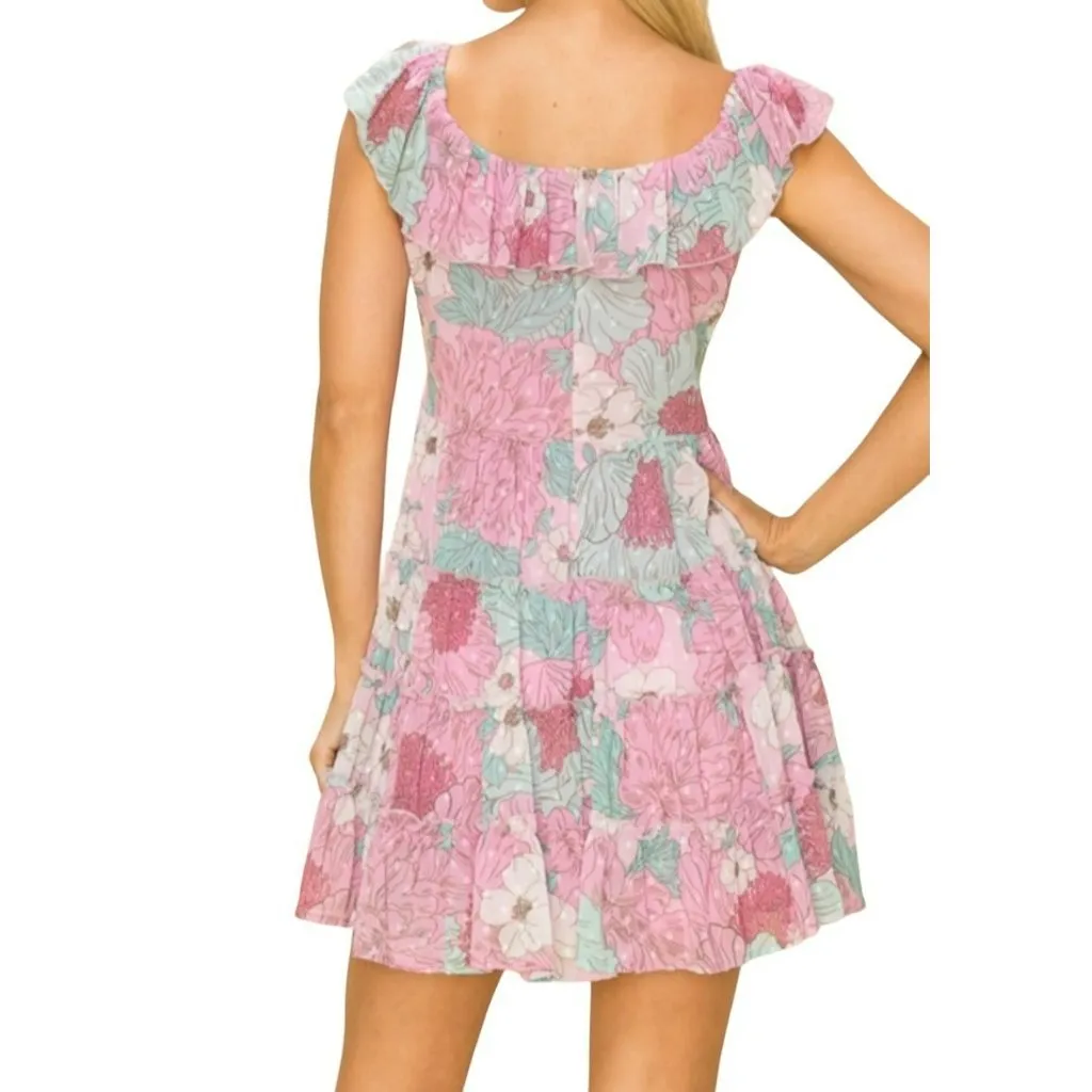 INA Floral Lace Up Tiered Mini Dress Lavender Blue Size Large NWT - Image 2