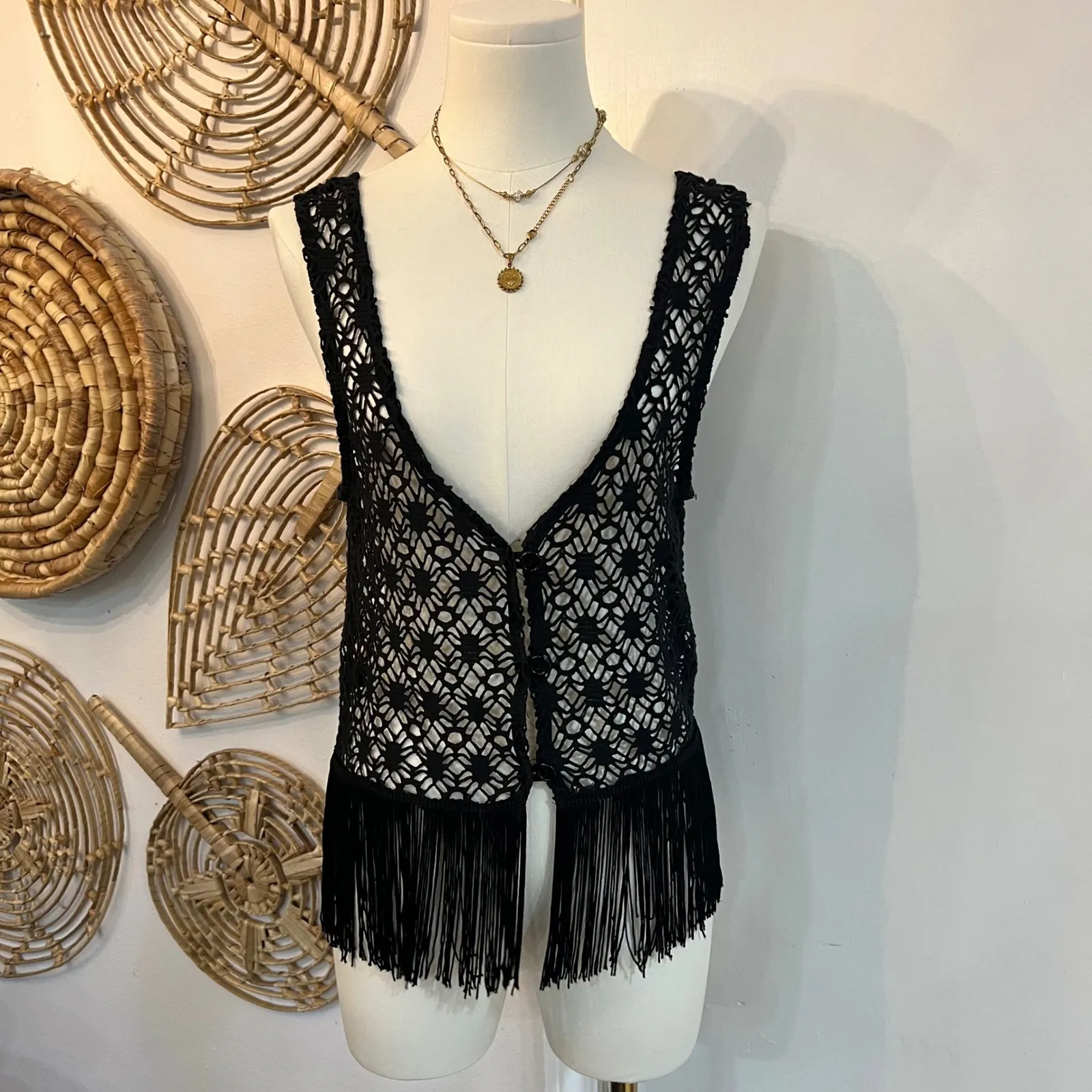 Vintage And How Paris NY Black Crochet Fringe Vest Boho 70s Western Sz M Size M - Image 4