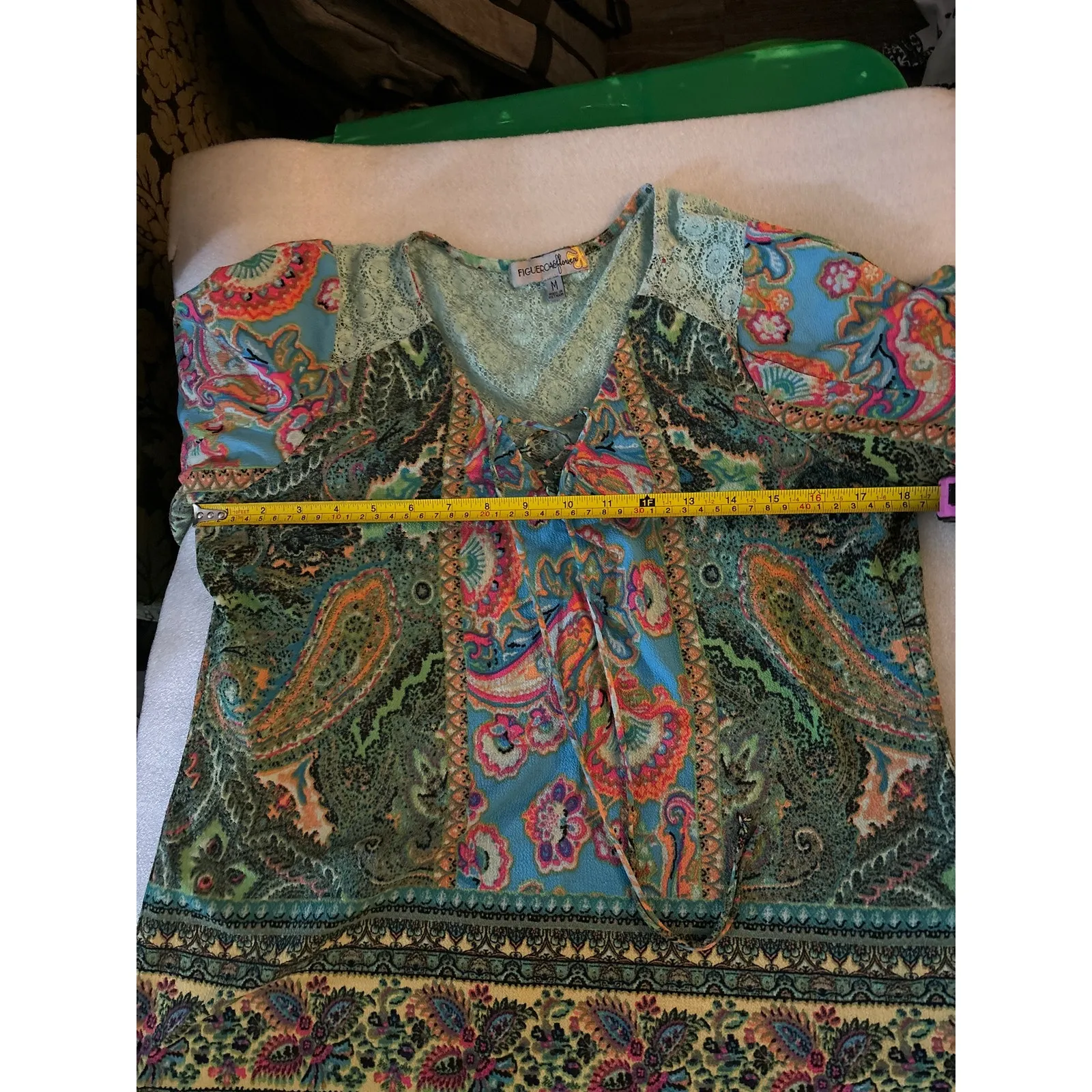 Figueroa & Flower Lace Floral Print Top Tunic M Dopamine Boho Festival Hippie Green Size M - Image 7